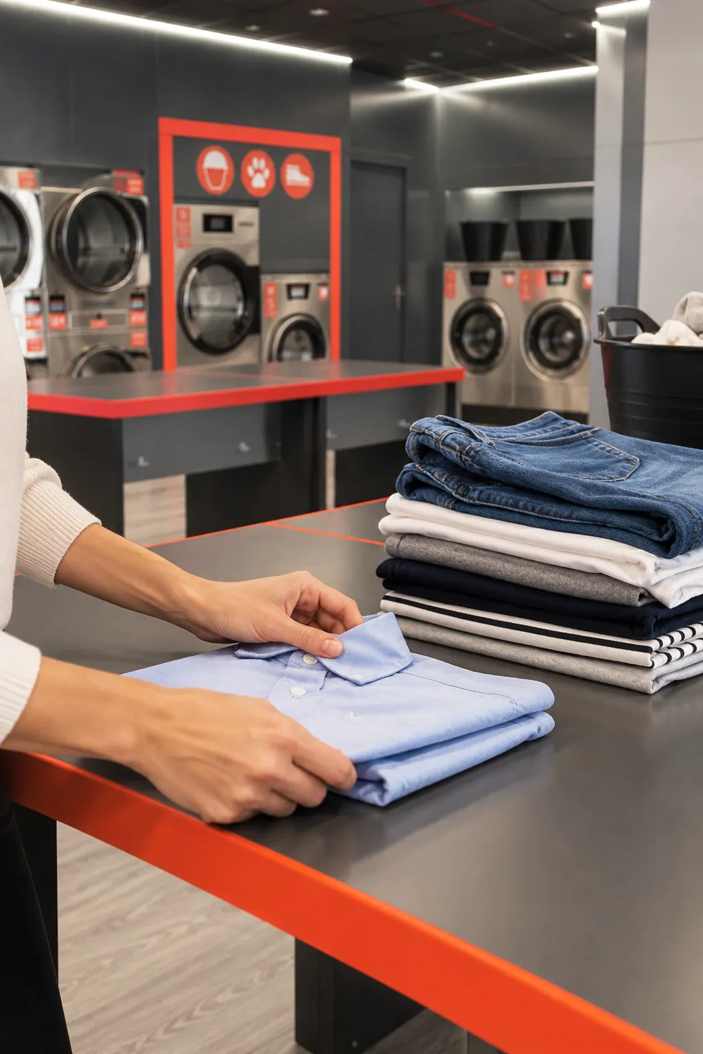 Mani che piegano una camicia azzurra accanto a una pila di jeans e magliette pulite, sul bancone della lavanderia