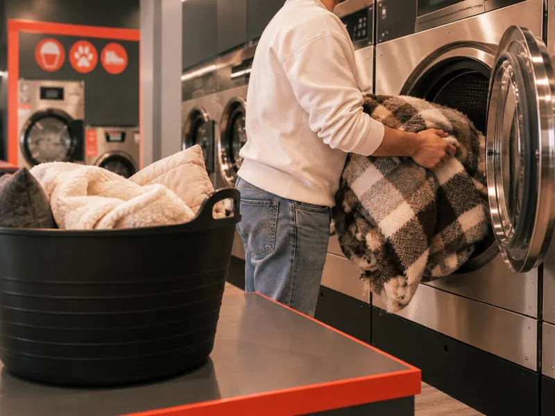 Ragazzo che carica una grande coperta a quadri nella lavatrice, accanto a un cesto con plaid e cuscini