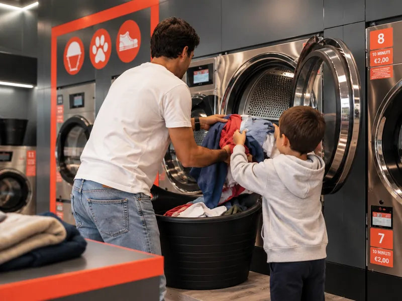 Papà e bambino che caricano insieme il bucato nell'asciugatrice