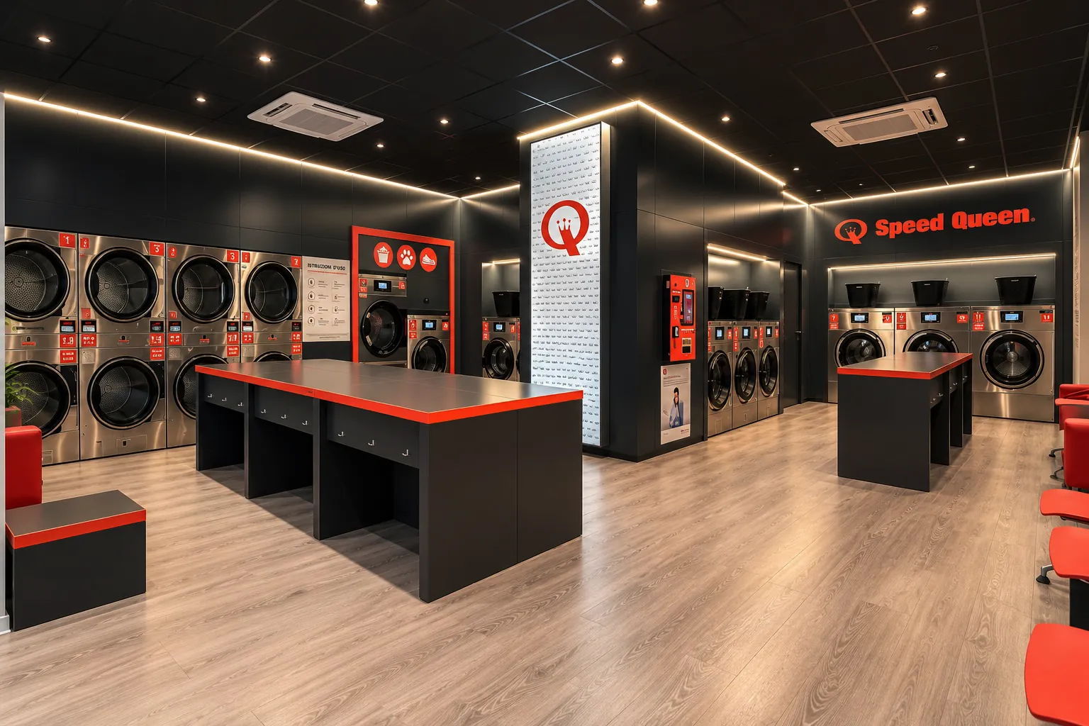 Interno della lavanderia self-service Speed Queen: lavatrici e asciugatrici in acciaio, banconi per piegare il bucato e insegna Speed Queen sulla parete